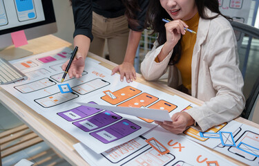 Two female web designers collaborating on ux design for a mobile application during a meeting,...
