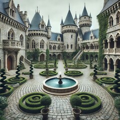 Naklejka premium A castle courtyard with fountains, topiary trees, and cobblestone paths. Generative AI
