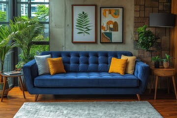 Modern living room with navy blue velvet sofas, white rug, grey chair, glass coffee table, wooden side tables, soft pillows, and decorative accessories.