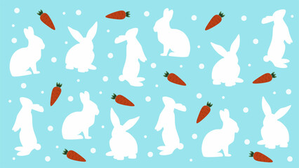 Pattern with cartoon silhouettes of rabbits and carrots on a blue background. Illustration for the holiday of happy Easter bunnies.