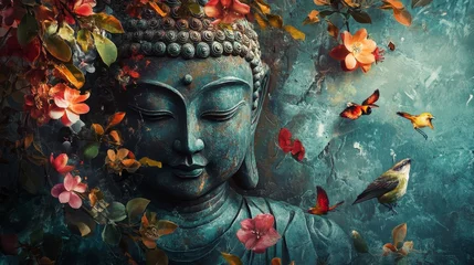 abstract, beautiful Magical, Mystical image of a buddha, painted metal, weathered, flowers, birds, beautiful auro of peaceful energy all around