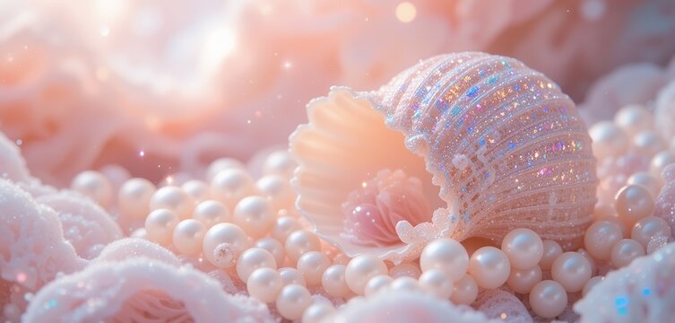 Wallpaper image of a clam shell emitting pearl beads in a soft pink color, decorated with blinking light like crystal light