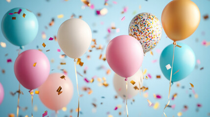 "pastel balloons with gold confetti on light blue background for birthday party and celebration decorations"