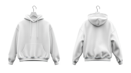 Front and back view of a plain white hoodie hanging on a clothes hanger on png transparency