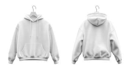 Front and back view of a plain white hoodie hanging on a clothes hanger on png transparency