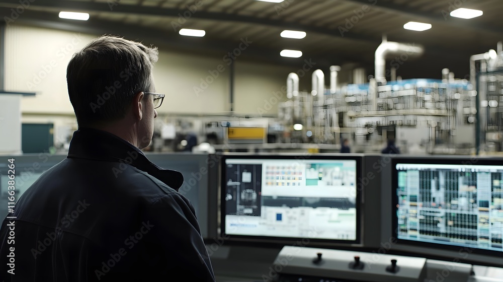 Poster a man in glasses stands in a factory, looking at computer screens displaying complex data. the backg