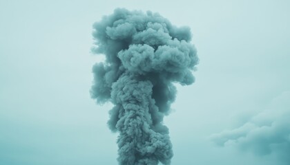 A large plume of dark smoke billows against a light sky