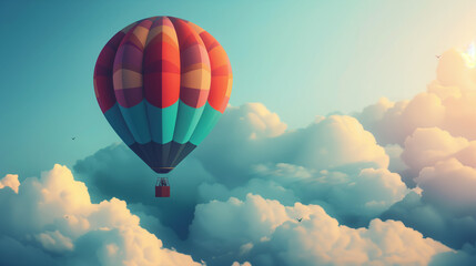 Fototapeta premium Vibrant Hot Air Balloon Flying Above Clouds in a Stunning Blue Sky Illustration