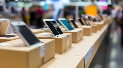Many smartphones in cardboard boxes are displayed on a shelf in a store. The boxes are neatly arranged, creating a visual representation of retail sales or inventory.
