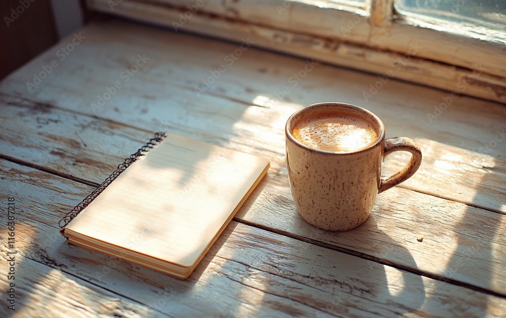 Poster coffee and notebook on rustic wooden table by window.