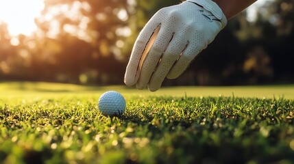 A golfer carefully adjusts the position of a golf ball on the lush green grass during sunset, capturing the essence of the game.