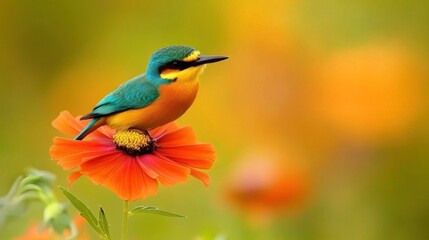 Fototapeta premium A vibrant bird perched on a bright flower against a soft, colorful background.
