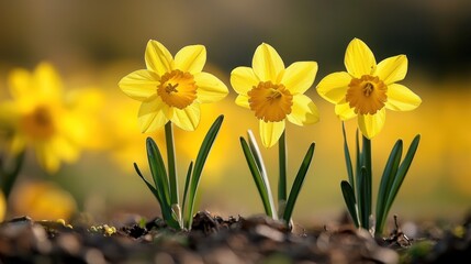 Fototapeta premium Three Vibrant Yellow Daffodils Blooming in Springtime Sunlight