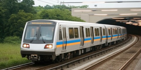Fototapeta premium A modern train approaches a tunnel on a curved track surrounded by greenery.