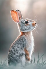 Obraz premium A cute rabbit stands on its hind legs, captured in soft lighting and a serene background.