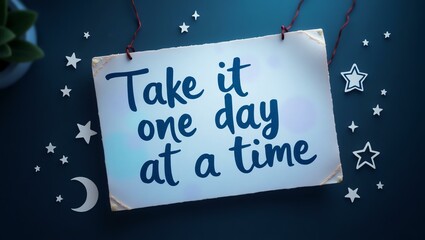 take it one day at a time is written in neat, handwritten text on a textured notepad, arranged in a flat lay style against a dark, moody background
