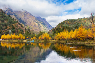 autumn landscape with lake and mountains