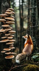 Obraz premium A fox gazes at a tree adorned with large mushrooms in a tranquil forest setting.