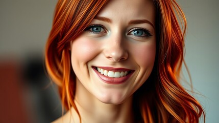 Fototapeta premium Close-up Portrait of a Smiling Young Woman with Vibrant Red Hair