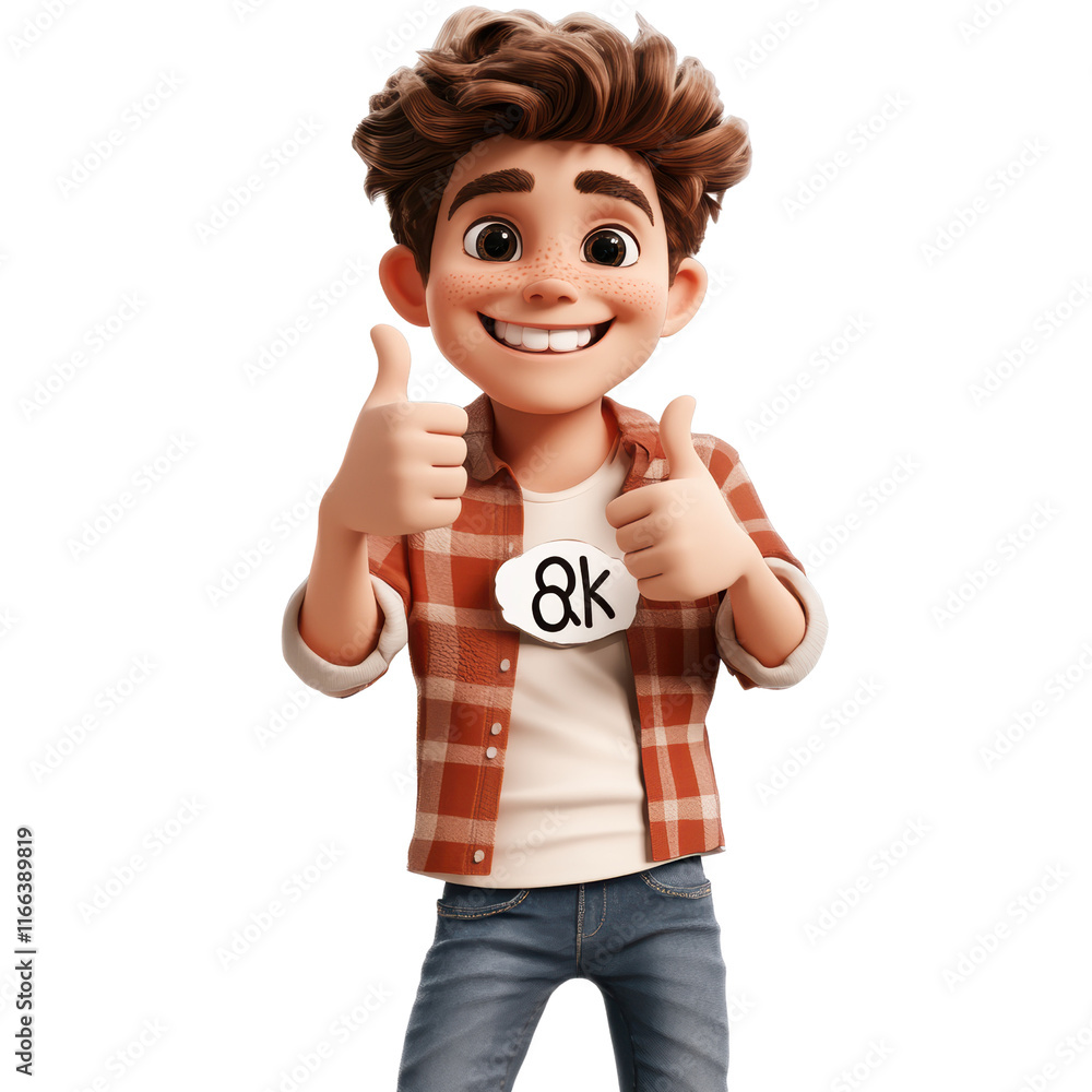 Poster cheerful cartoon character giving thumbs up digital playful environment animated style isolated on t