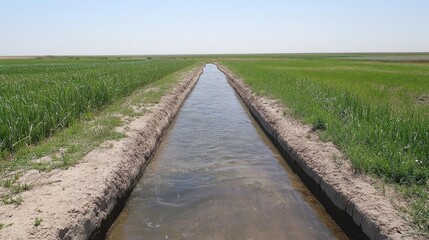 Fototapeta premium Community Farming in Rural Landscape with Irrigation Channel