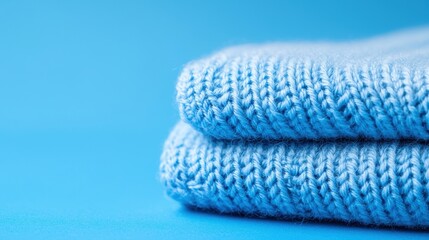 A close-up of neatly folded blue knitted fabric against a soft blue background, showcasing texture and color harmony.
