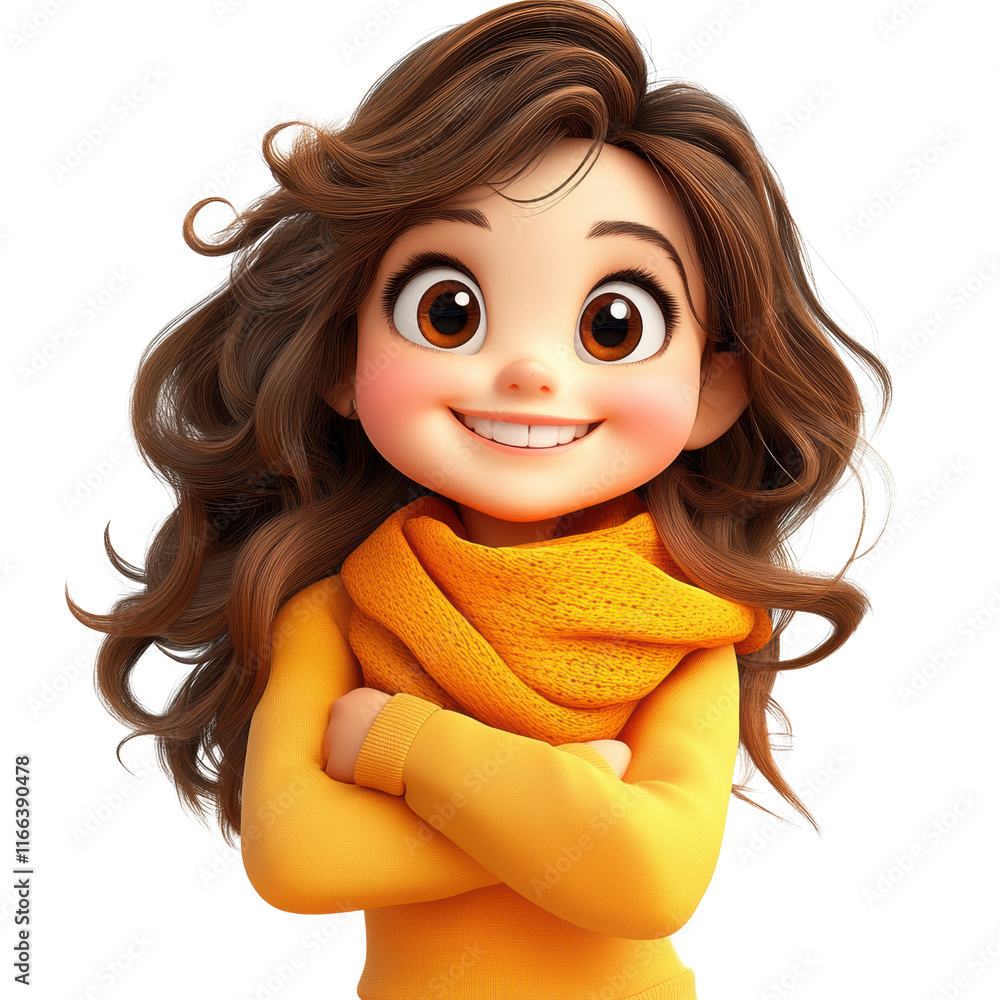 Poster cheerful animated character smiling in yellow outfit digital art bright studio setting fun concept i