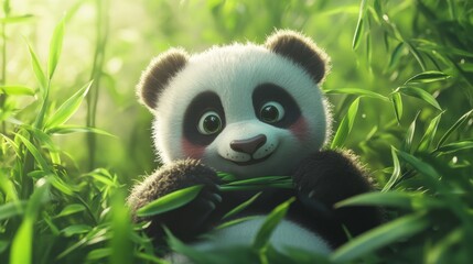 Obraz premium Adorable baby panda munching on bamboo in a lush green environment