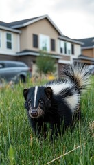 Naklejka premium A skunk forages in a grassy area near suburban homes.