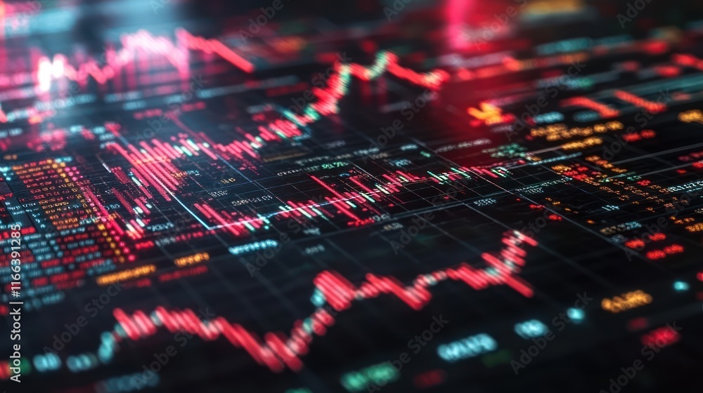 Poster dynamic stock market data visualization: red and orange candlestick charts on a dark background
