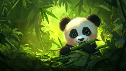 Fototapeta premium Adorable baby panda munching on bamboo in a lush green environment