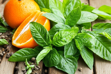 Fresh Orange and Green Basil Leaves on Wooden Table with Natural Elements