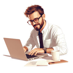 Focused professional working on laptop at desk modern office digital content creation productive environment isolated on transparent background