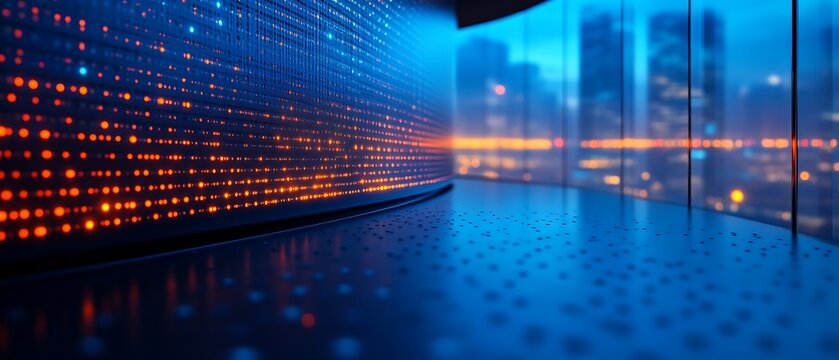 Futuristic data center with city view.