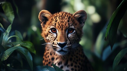 Obraz premium A close-up of a majestic leopard hidden in lush greenery.