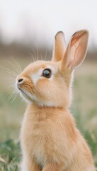 Obraz premium A cute, fluffy rabbit sitting on grass, gazing thoughtfully into the distance.