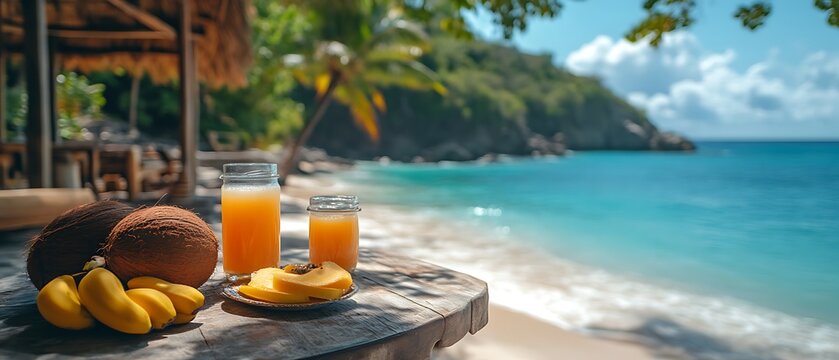 Tropical beach scene with fruit and juice.