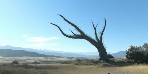 A solitary tree with unique branches stands against a clear sky in a serene landscape.