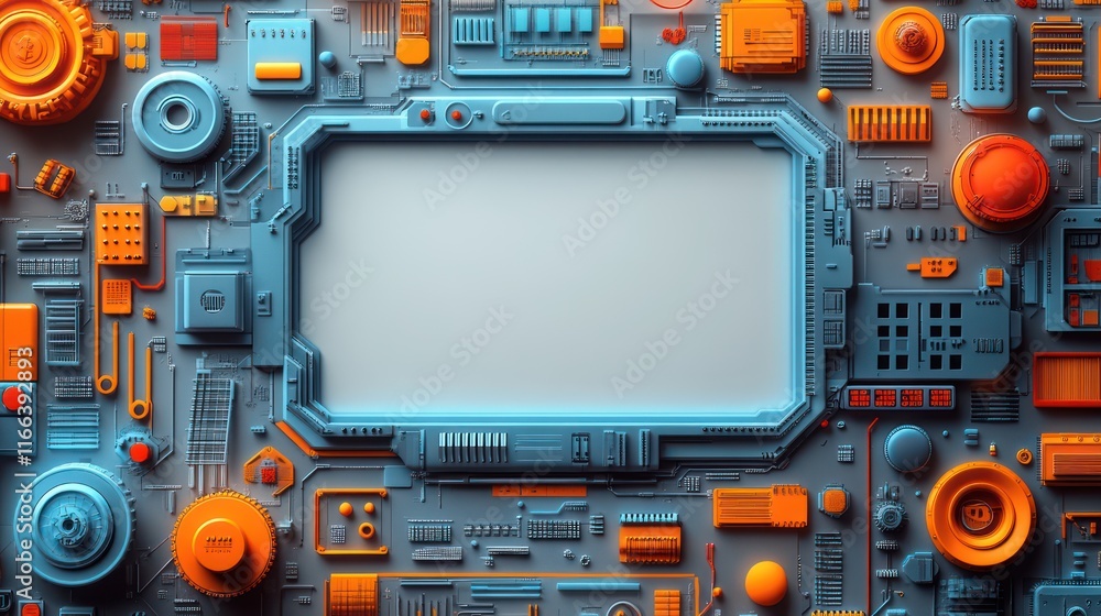 Poster abstract futuristic technology panel: a 3d render of a complex circuit board with orange and blue co