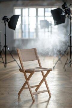 Film staging - cinematic interior showcasing a director chair, lights and cameras, capturing the essence of creativity, production ambiance, art of storytelling in a dramatic setting.