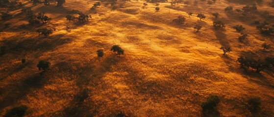 Aerial Photography, sprawling savannas, dry tropical climate, warm sunset light, wilderness, golden grasslands, scattered trees, wildlife habitats