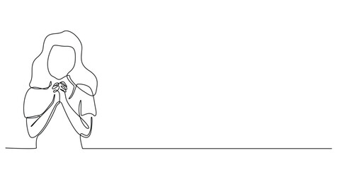 continuous line drawing of woman praying in christian religion.one line drawing of christian woman praying bending both hands.simple single line vector illustration.isolated white background