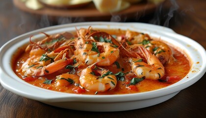 Delicious Shrimp Casserole with Fresh Herbs and Spices Steam Rising from Dish