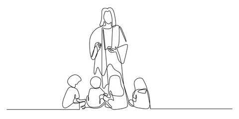 continuous line drawing of the Lord Jesus telling stories to children. one line drawing of the Lord Jesus surrounded by children. simple single line vector illustration. isolated on white background