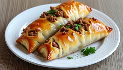Savory Pastry Filled with Spiced Meat on a White Plate with Fresh Parsley Garnish