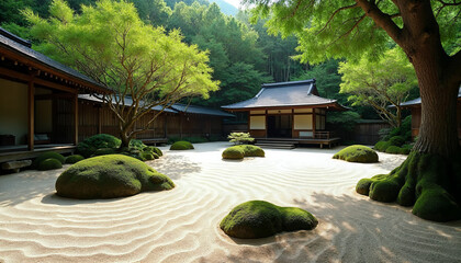 Traditional Japanese garden scene with serene atmosphere, featuring flat rock, benches, and beautifully manicured gravel paths.