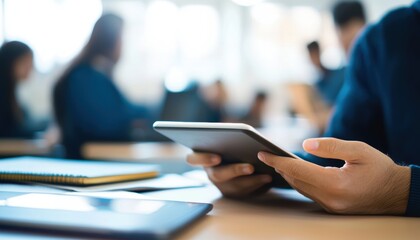 A person using a tablet in a busy, modern workspace, with blurred figures in the background, suggesting a collaborative or educational environment.