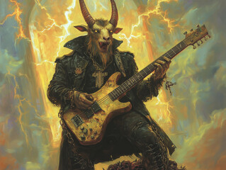 A devilish anthropomorphic goat standing on a pedestal made of twisted bones, wearing a dark leather trench coat with chains hanging loosely around its arms. Its horns are gilded with a dull metallic 