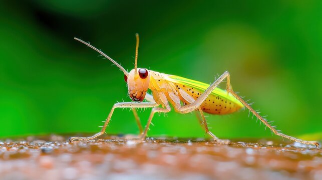 [Closeup of green insect standing on soil] Insect Portrait Close-up of Focused Grasshopper or Cricket on Earthy Background