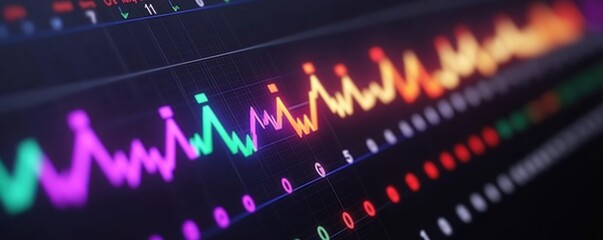 Reducing energy consumption concept. Colorful digital waveform visualization on a dark background.